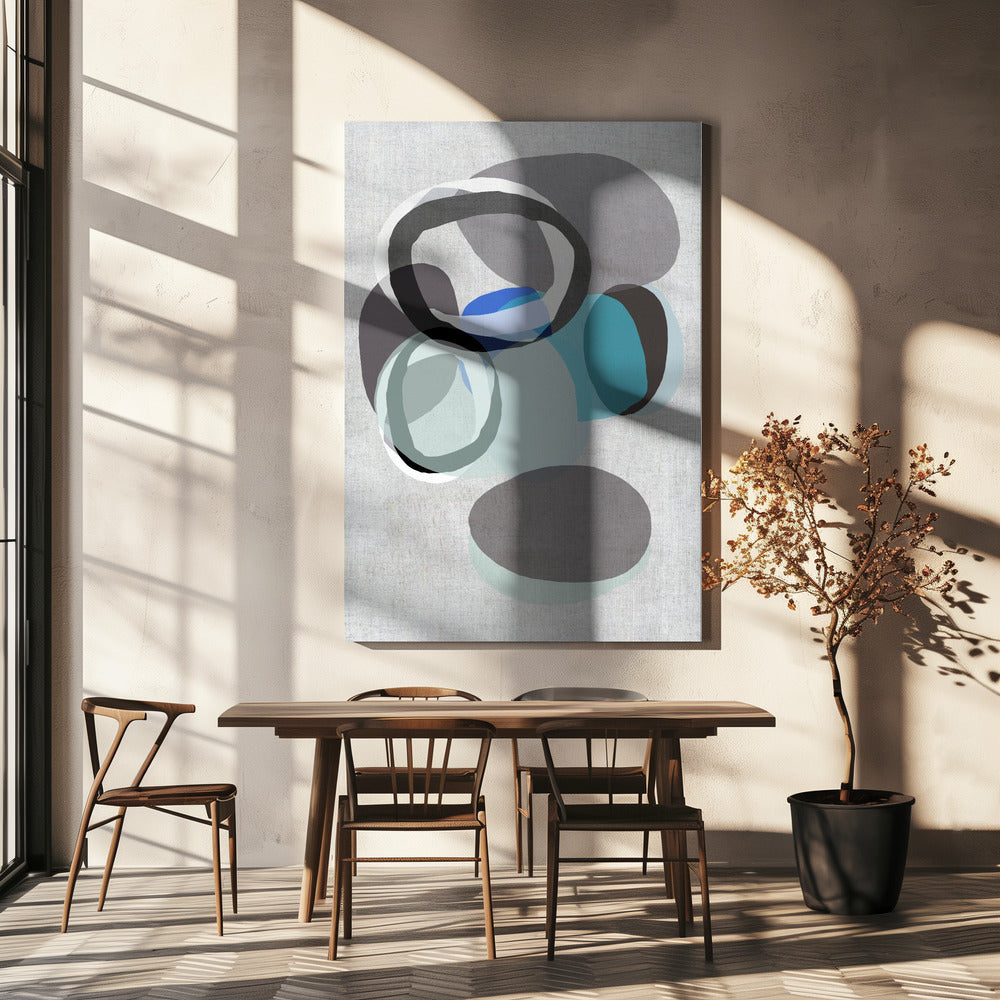 Abstract Shapes in Blues, Greys and Black Rings | Canvas