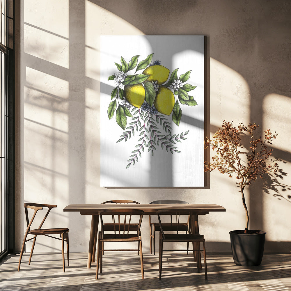 Lemons and Green leaves with Delicate White Blossoms | Canvas