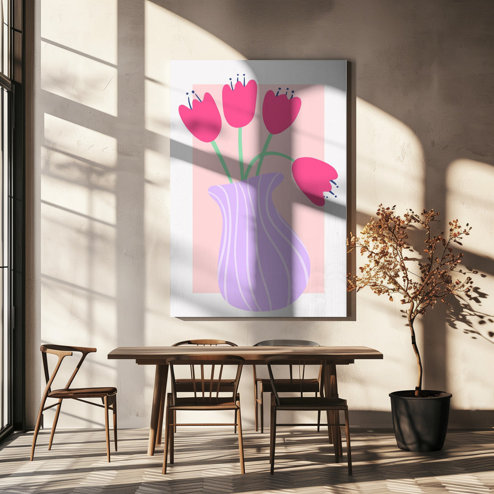 Vibrant Tulips in a Striped Lavender Vase | Canvas
