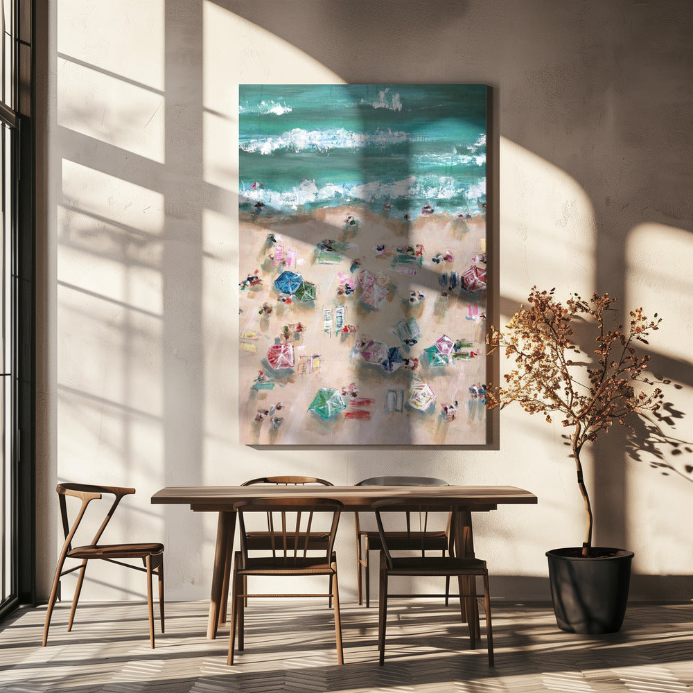Colorful Umbrellas and Sunbathers on a Sandy Shore | Canvas