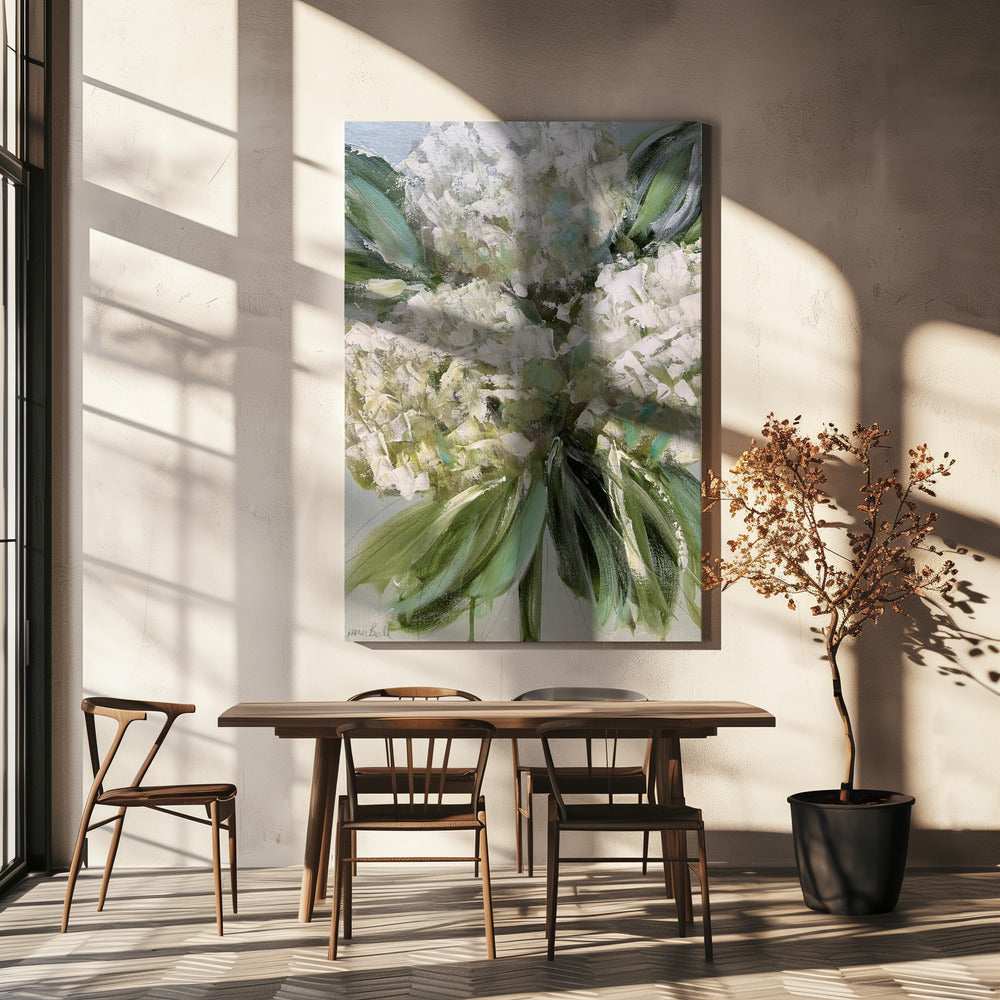 White Hydrangeas with Lush Green Leaves | Canvas