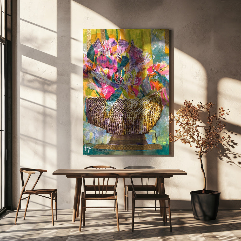 Golden Basket with Colorful Flowers | Canvas