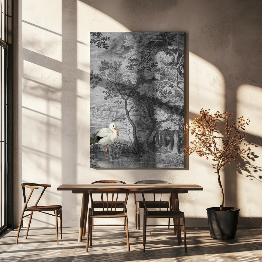Vintage Landscape With Stork | Canvas