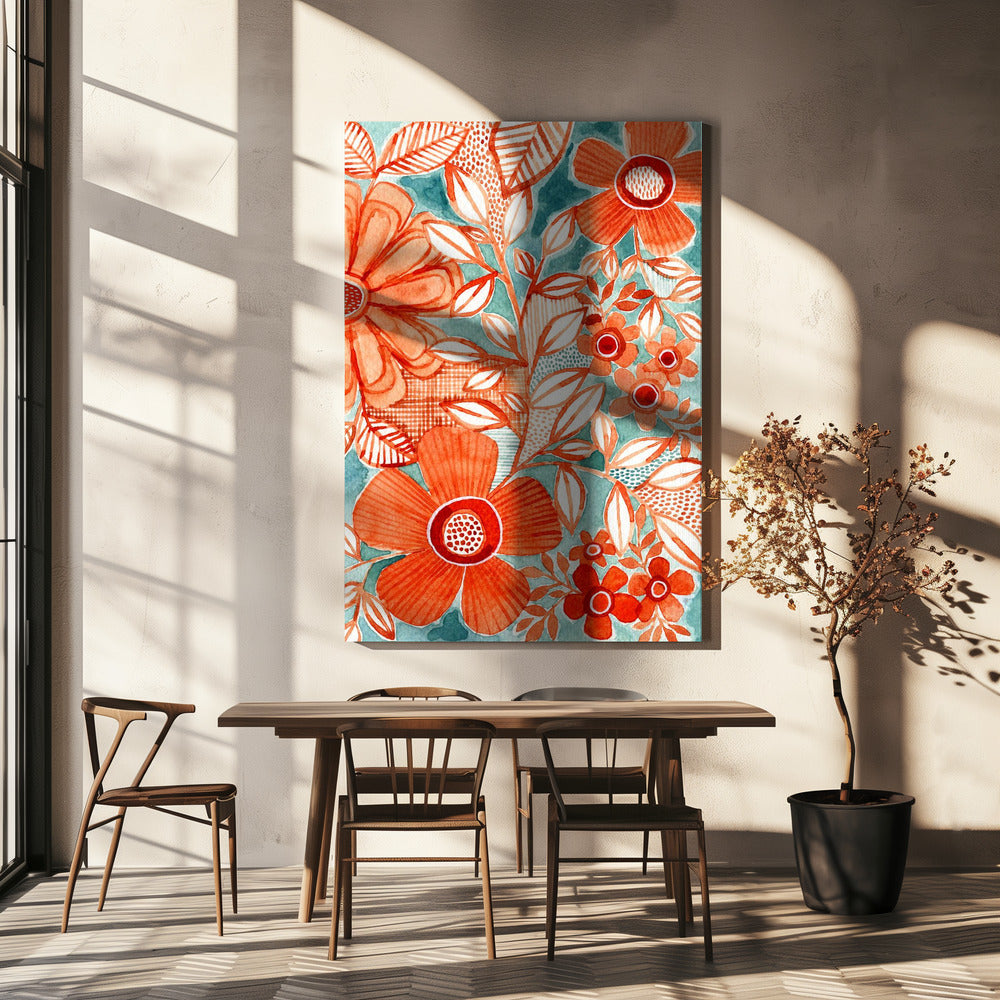 Red Daisies With Aqua | Canvas