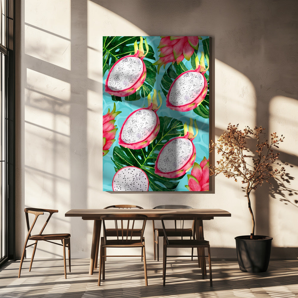 Vibrant Dragon Fruit &amp; Monstera Leaves Aesthetic Pattern - Exotic Tropical watercolor | Canvas