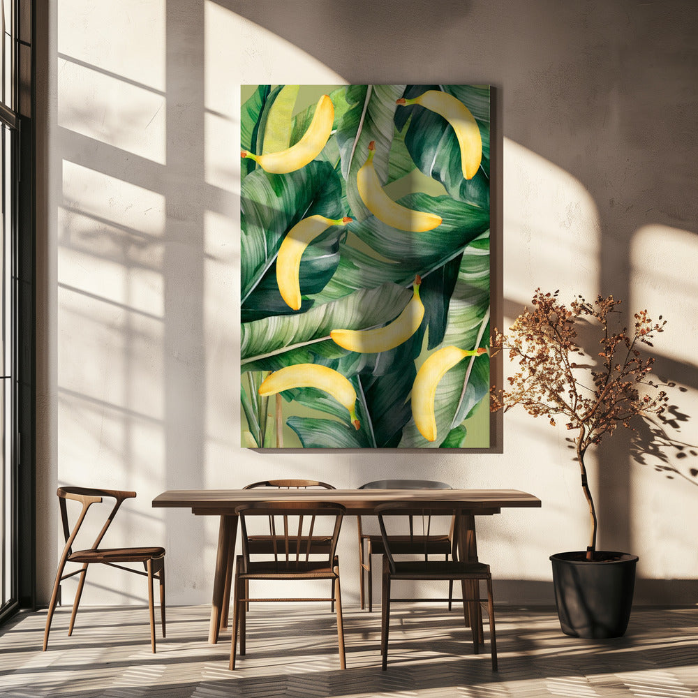 Fresh Banana &amp; Lush Tropical Leaves Aesthetic Pattern - Natural Watercolor Design | Canvas