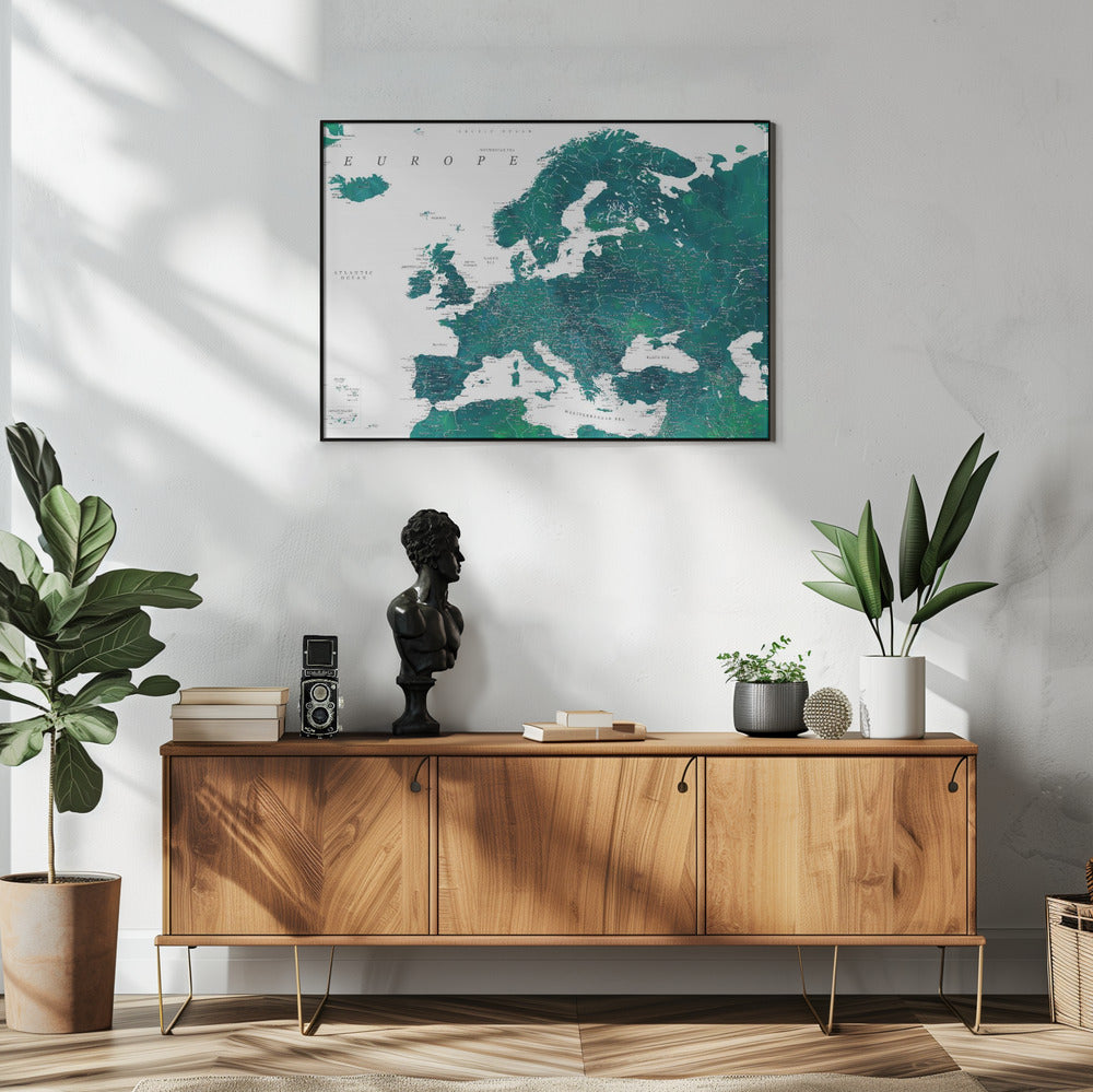 Teal detailed map of Europe | Poster