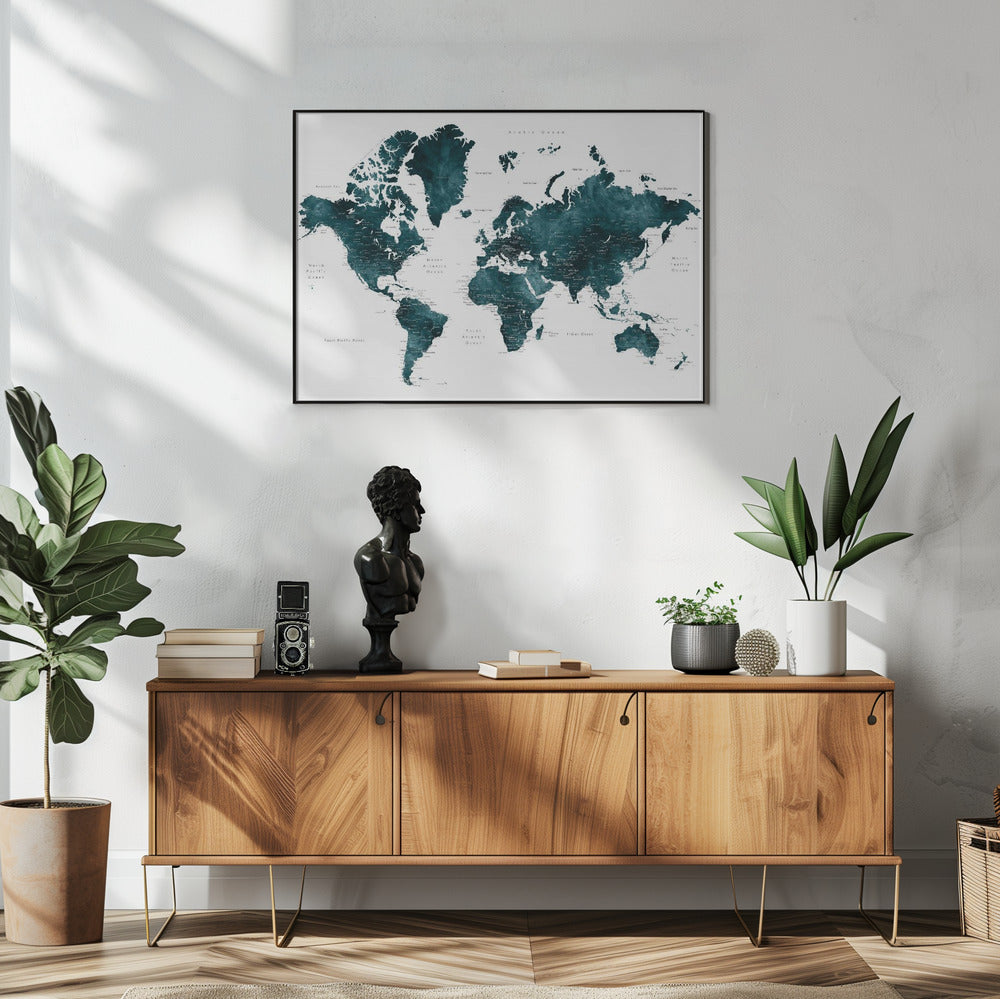 Dark teal world map with cities, Makani | Poster
