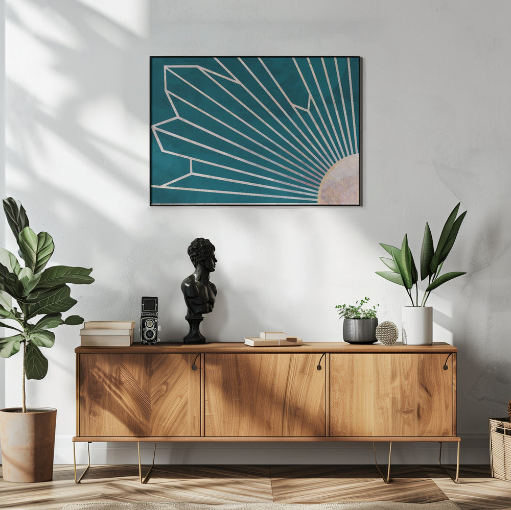 Gold geometric sun rays mural turquoise | Poster