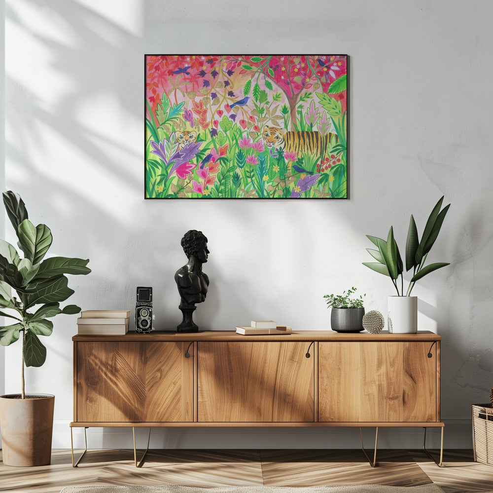 Jungle Painting With Lush Foliage And Exotic Animals | Poster