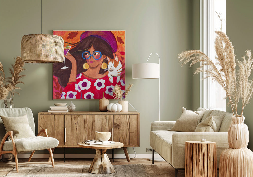 Modern Autumn portrait Woman with Cat | Canvas