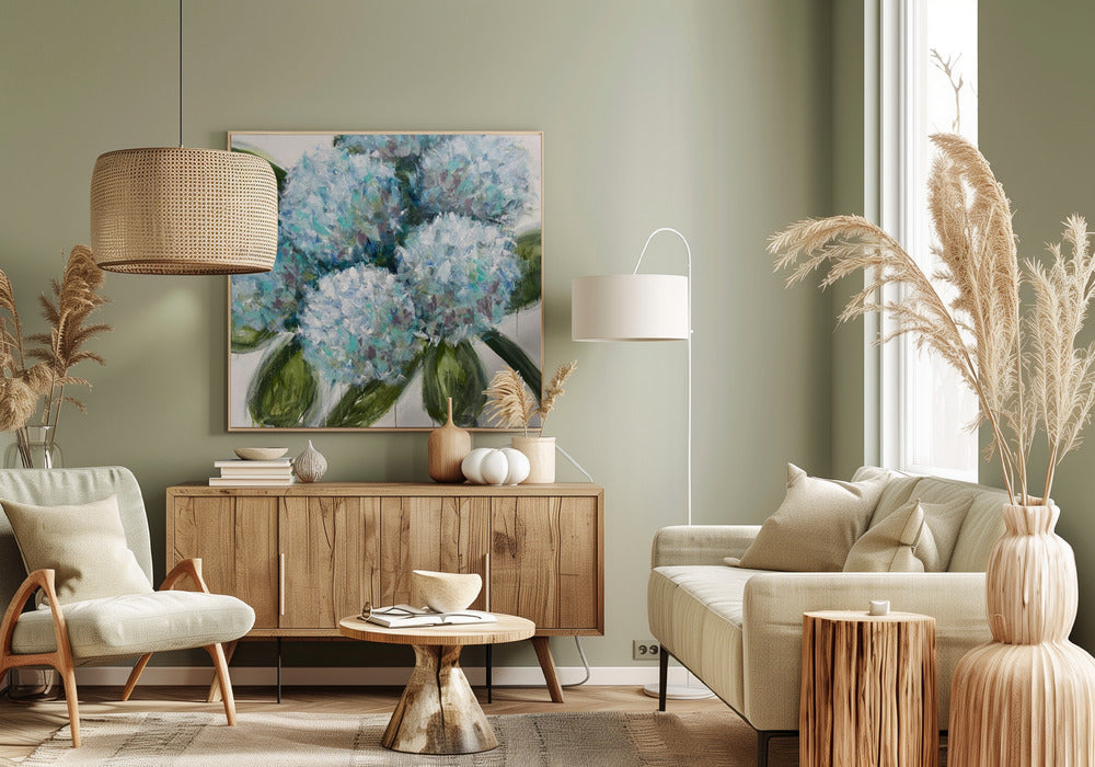 Blue Hydrangeas with Green Leaves | Canvas