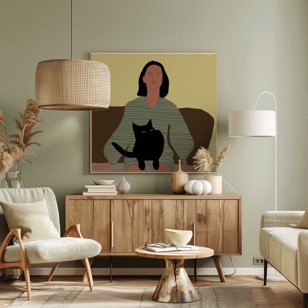 Lady sitting with black cat. | Canvas