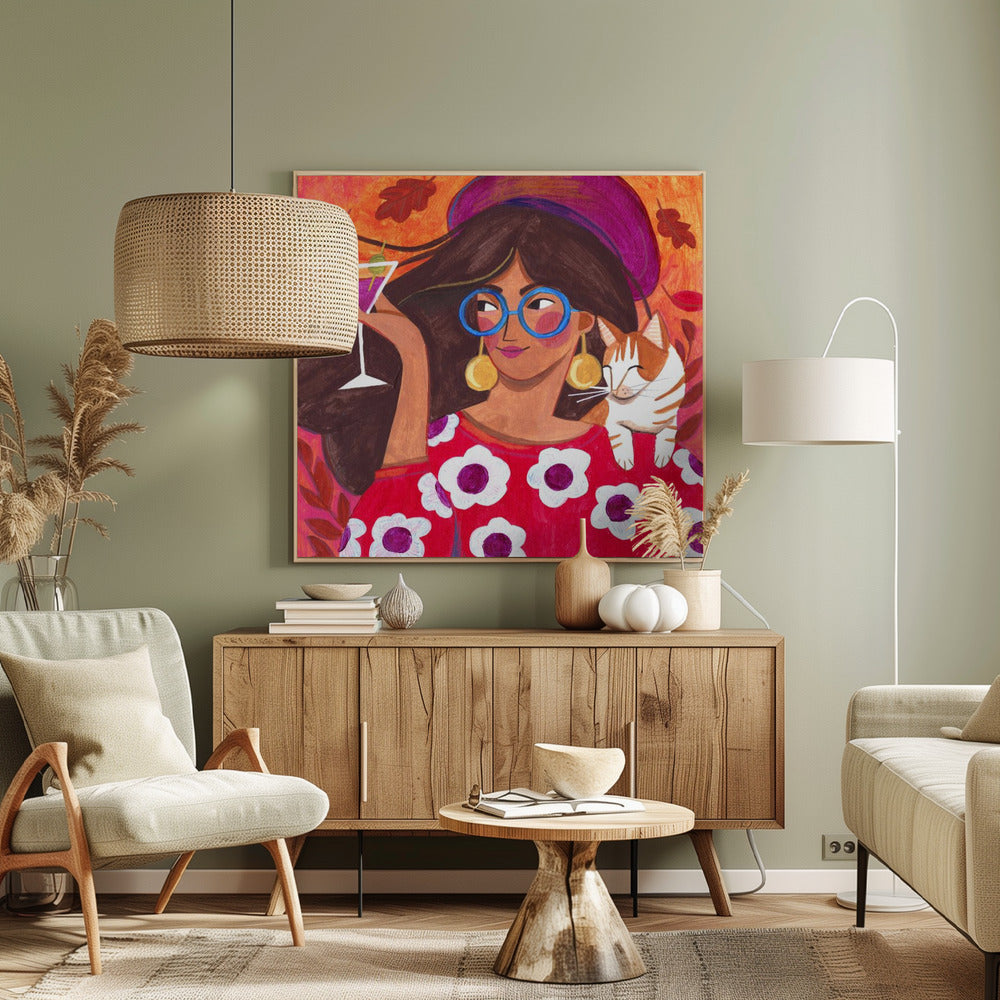 Modern Autumn portrait Woman with Cat | Canvas