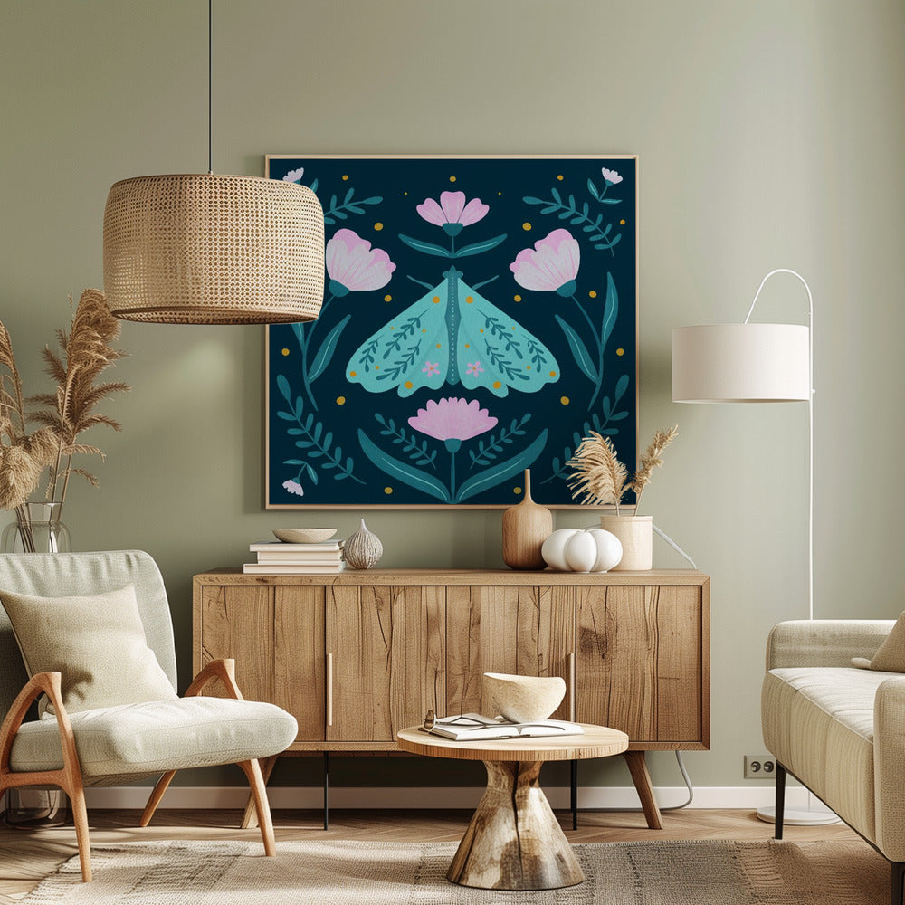 Moth and Flowers - turquoise | Canvas
