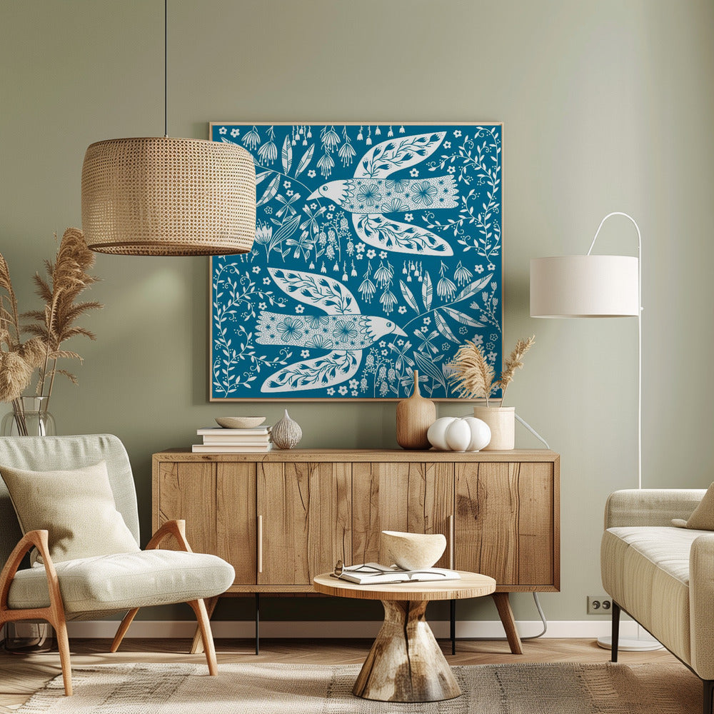 Peace Doves And Flowers White On Teal Green | Canvas