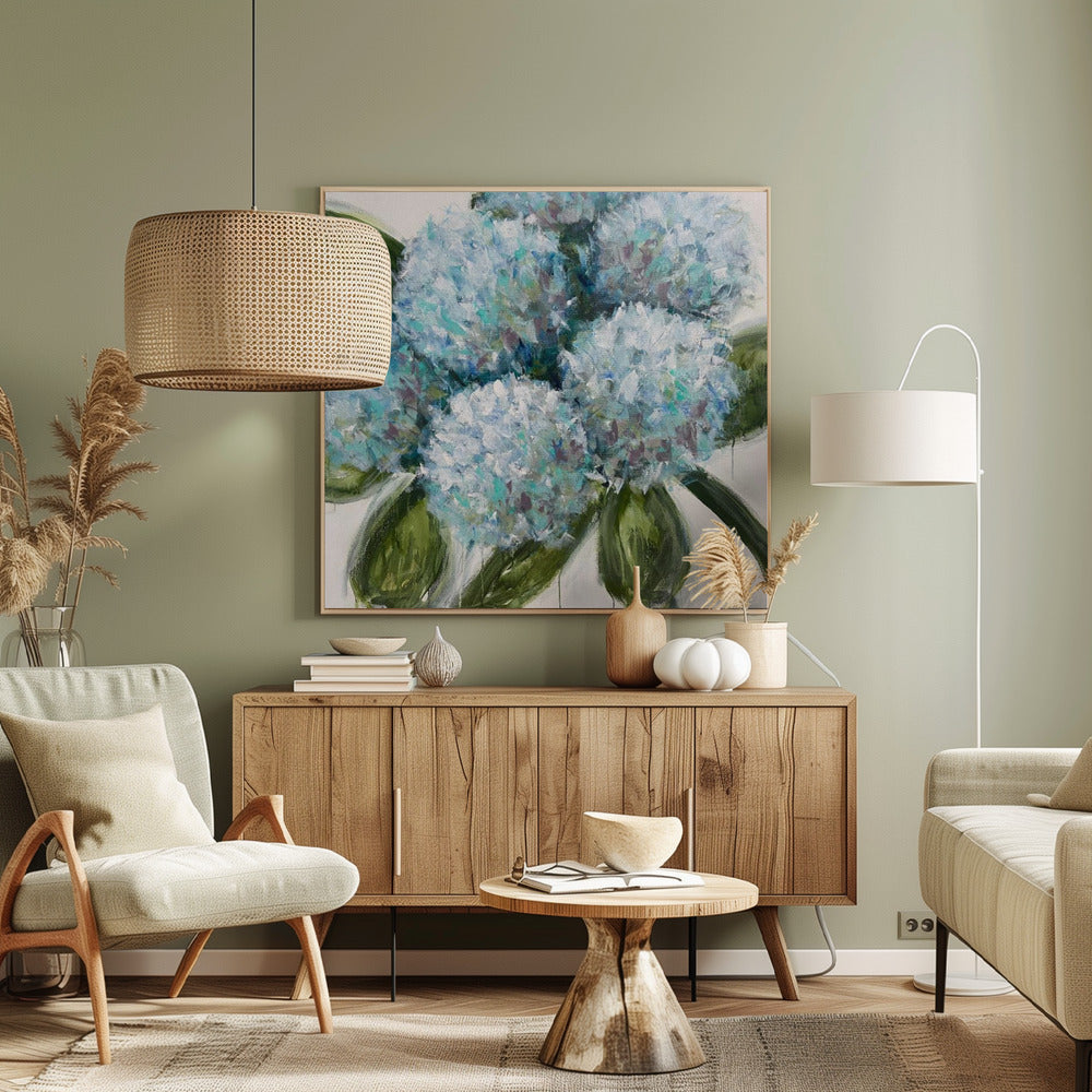 Blue Hydrangeas with Green Leaves | Canvas