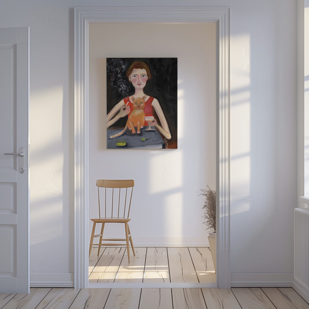 Vintage woman with cocktail and cat | Canvas