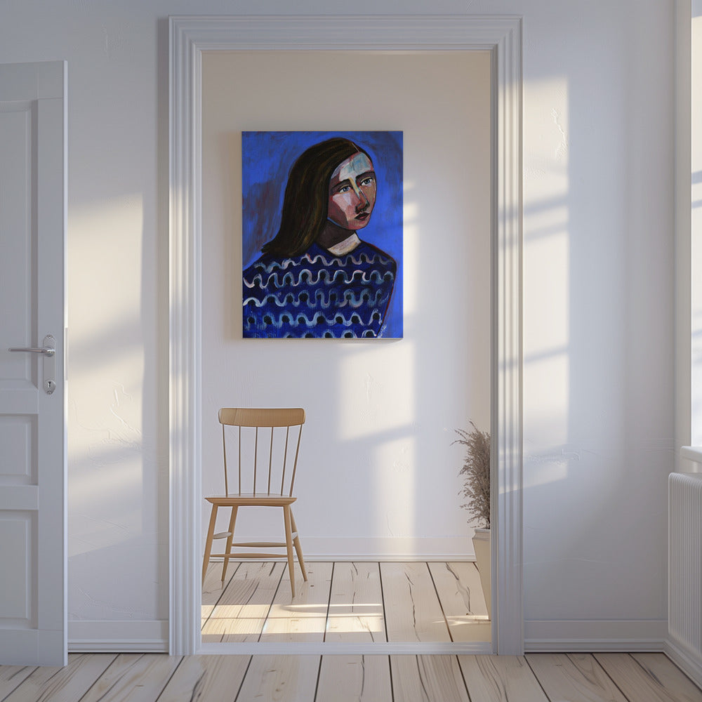 Woman in Blue Sweater Naive Portrait Figurative | Canvas