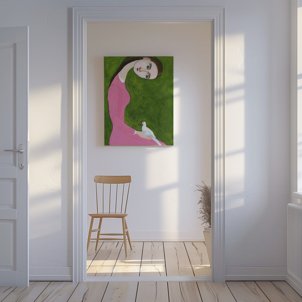 Girl with Dove sitting with pink dress | Canvas