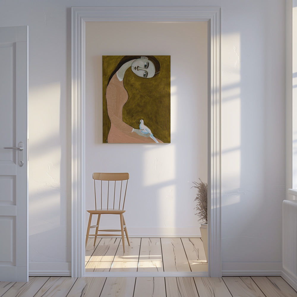 Girl with Dove sitting with pink dress | Canvas