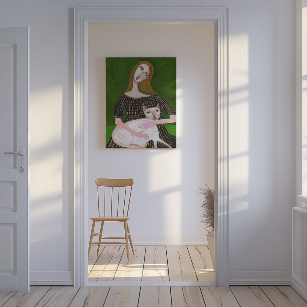 vintage lady with white cat | Canvas