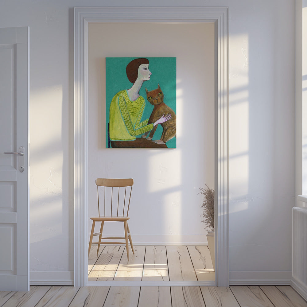 Lady Sitting with Brown Cat Cat Lover | Canvas