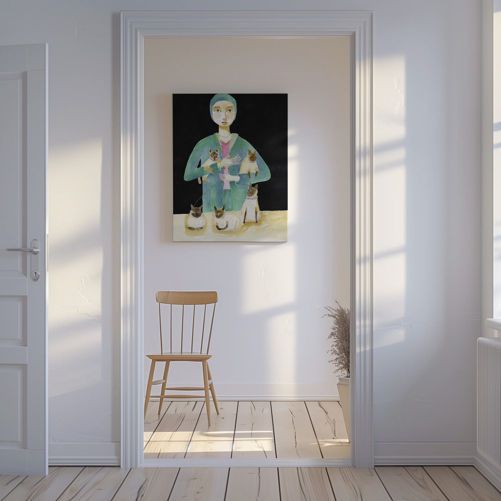 Lady with Five Siamese Cats | Canvas