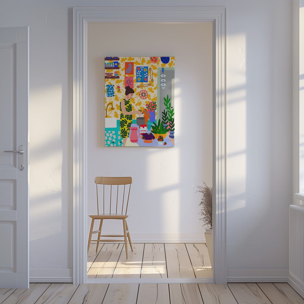 A Woman In A Kitchen With Flowers | Canvas