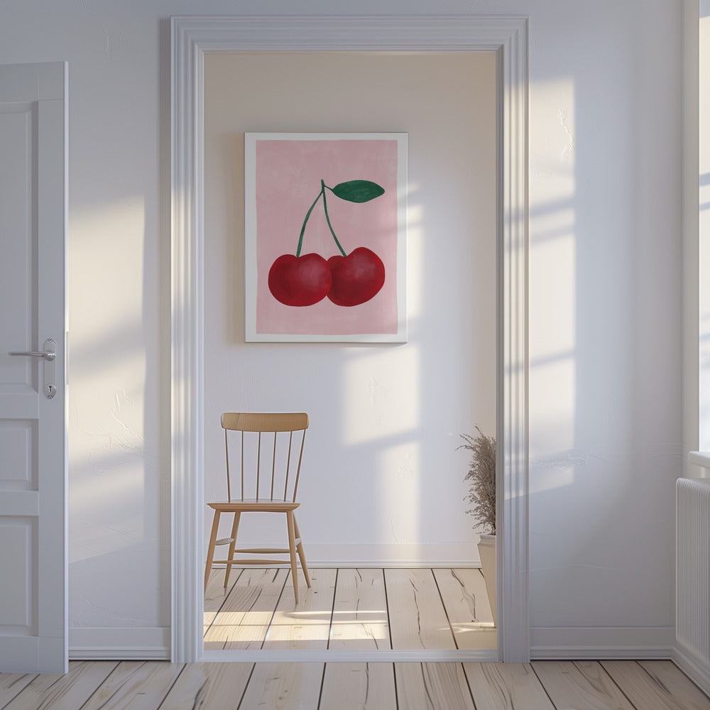 Red Cherries with a Green Leaf | Canvas