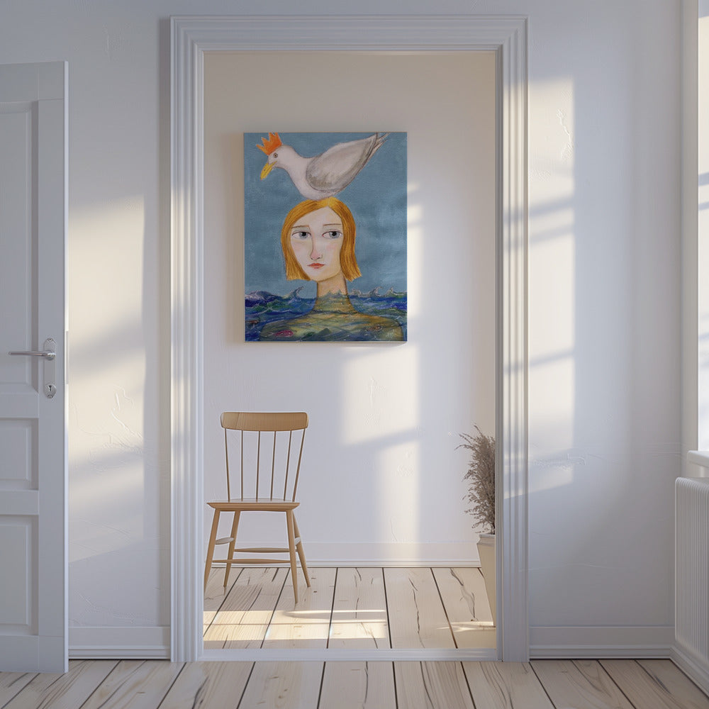 Lady swimmer with seagull | Canvas