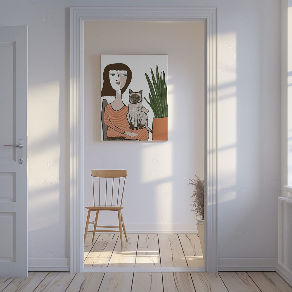 Girl with Siamese cat | Canvas