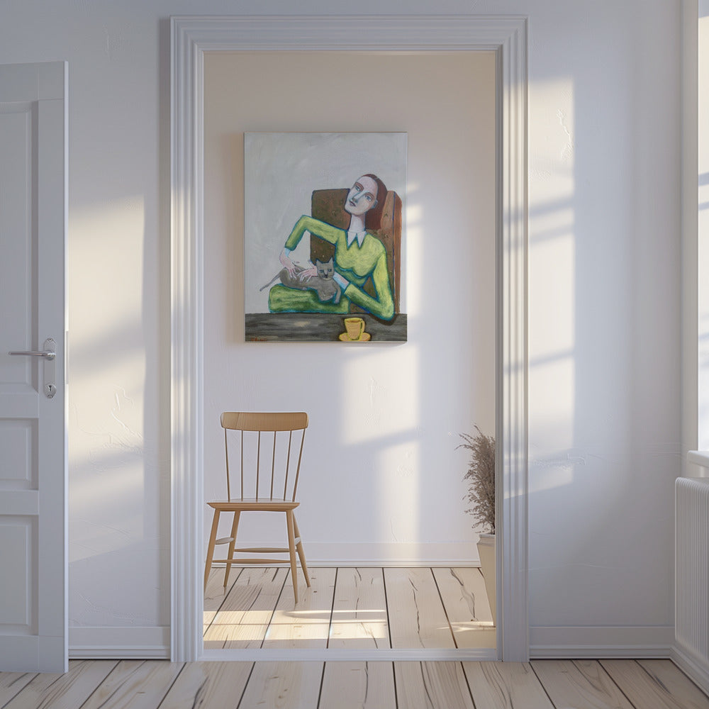 Lady tickling grey cat in chair | Canvas