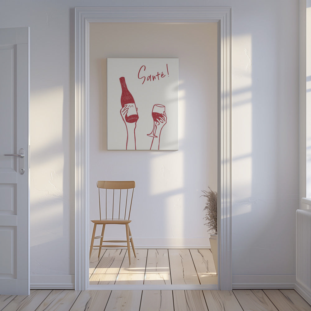 Hands holding a wine bottle and a wine glass with the text &quot;Cheers!&quot; in French | Canvas
