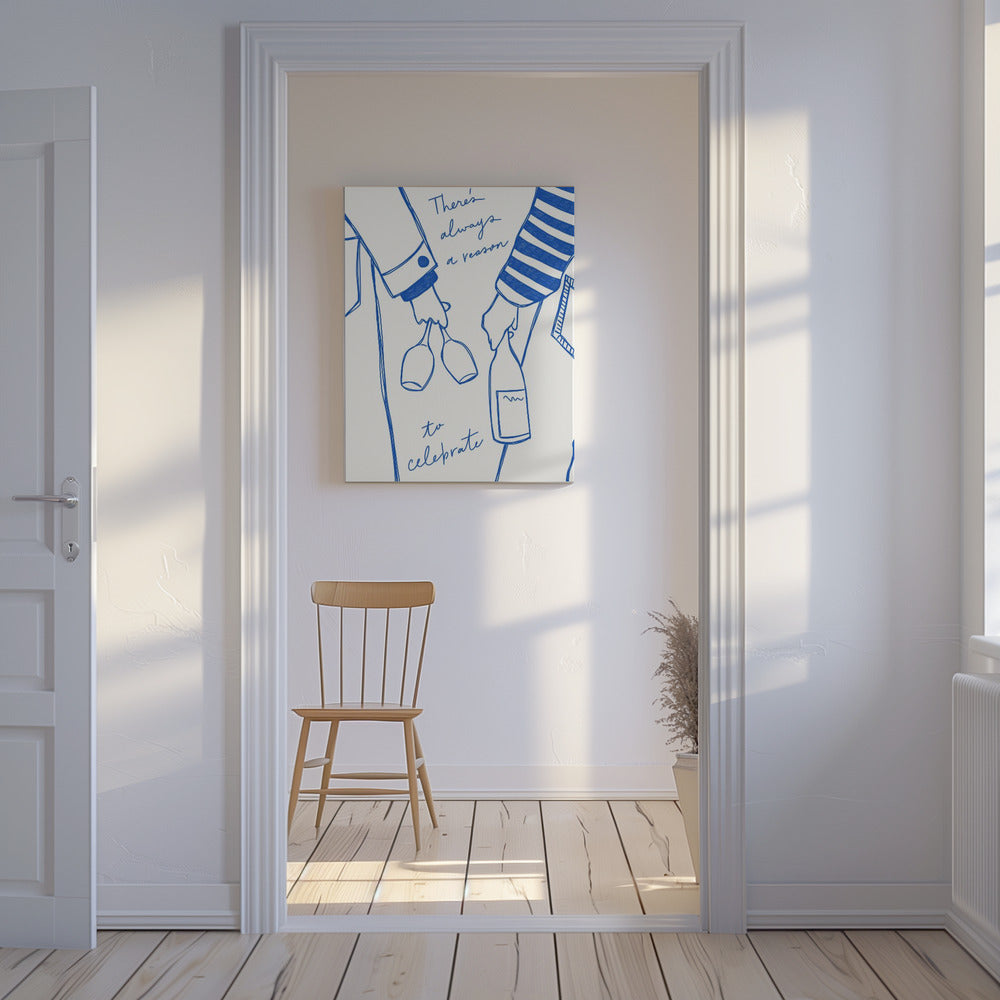 Woman holding wine bottle and wine glass (Blue) - Wine Vin Femme Bleu | Canvas