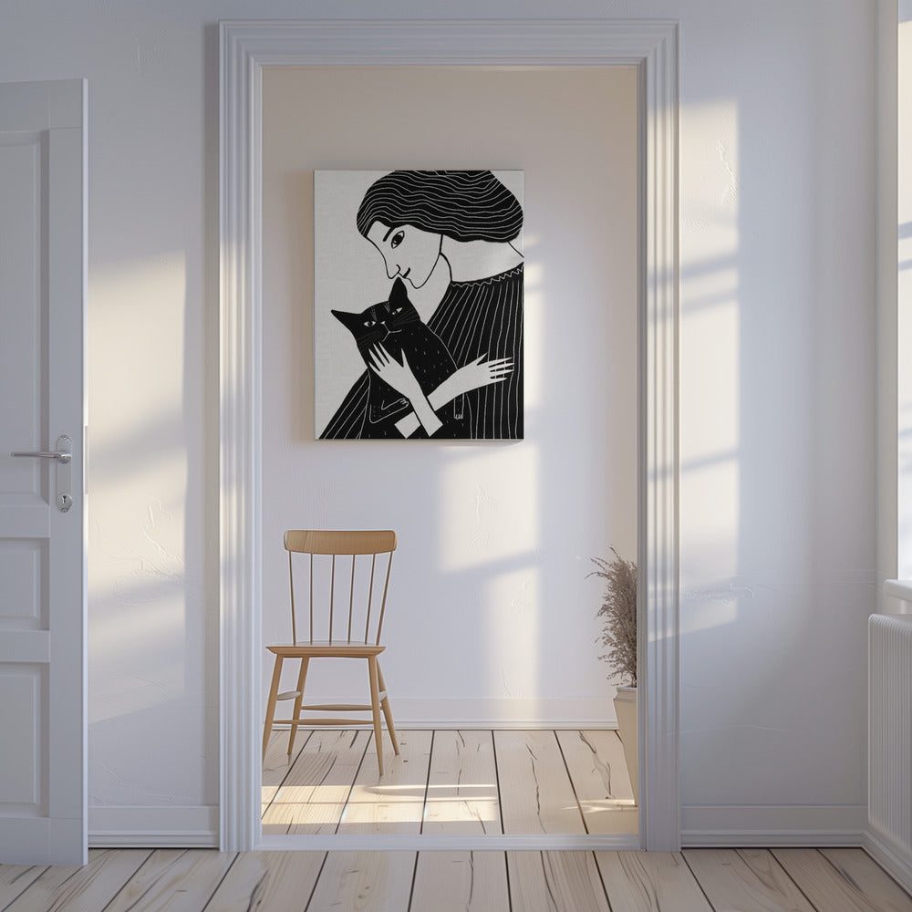 Cat Lady with Black Cat | Canvas