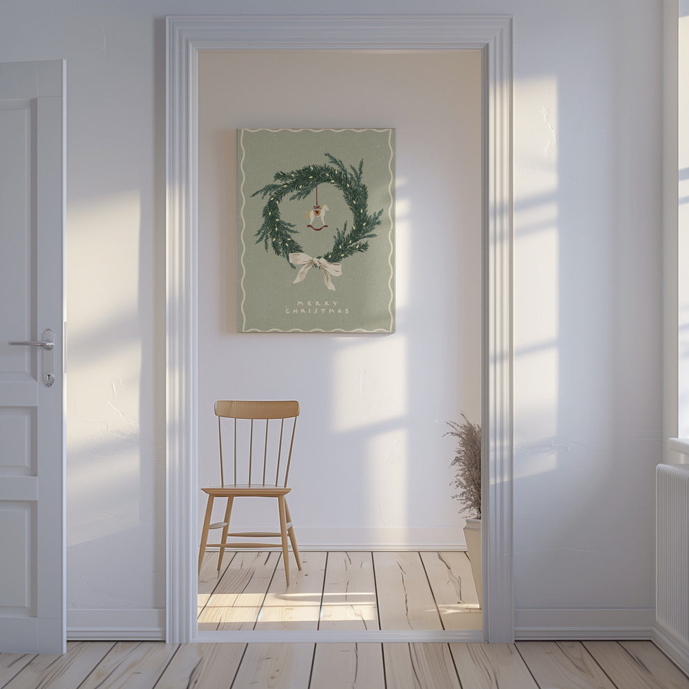 Horses toy on Christmas wreath with bow | Canvas