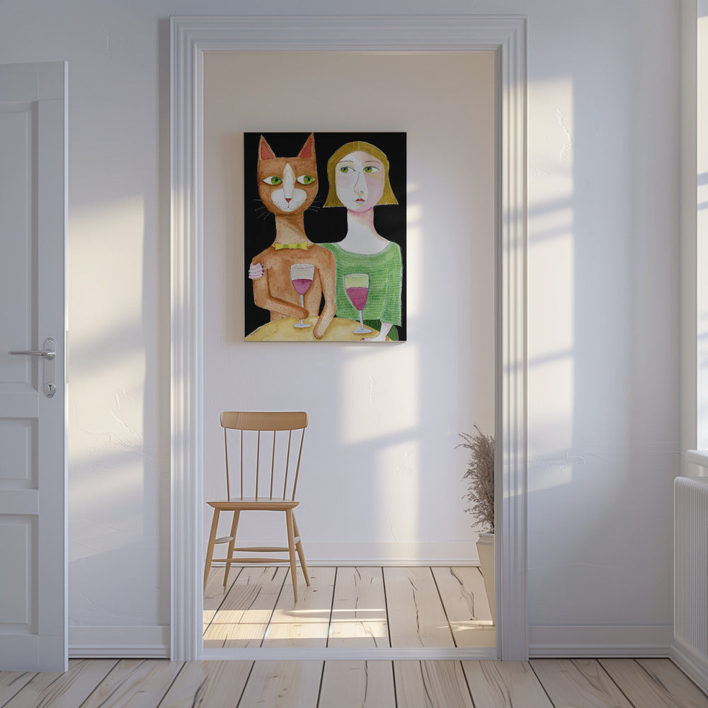 Best Friends Cat and Lady drinking wine | Canvas