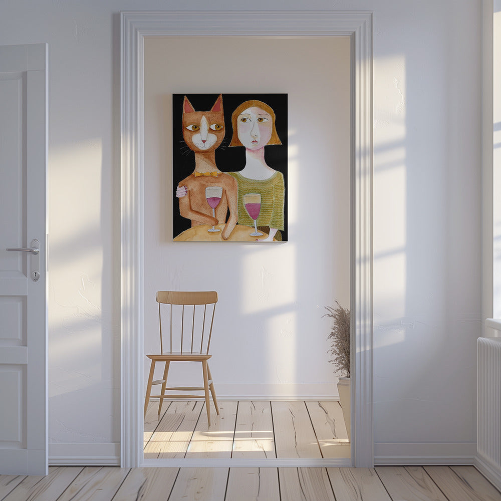 Best Friends Cat and Lady drinking wine | Canvas