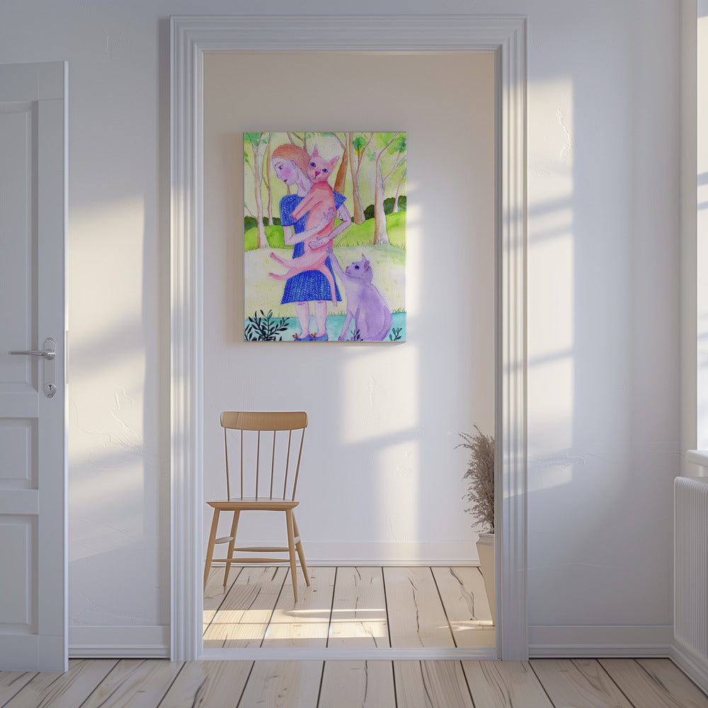 Lady with the pink and blue cat. | Canvas