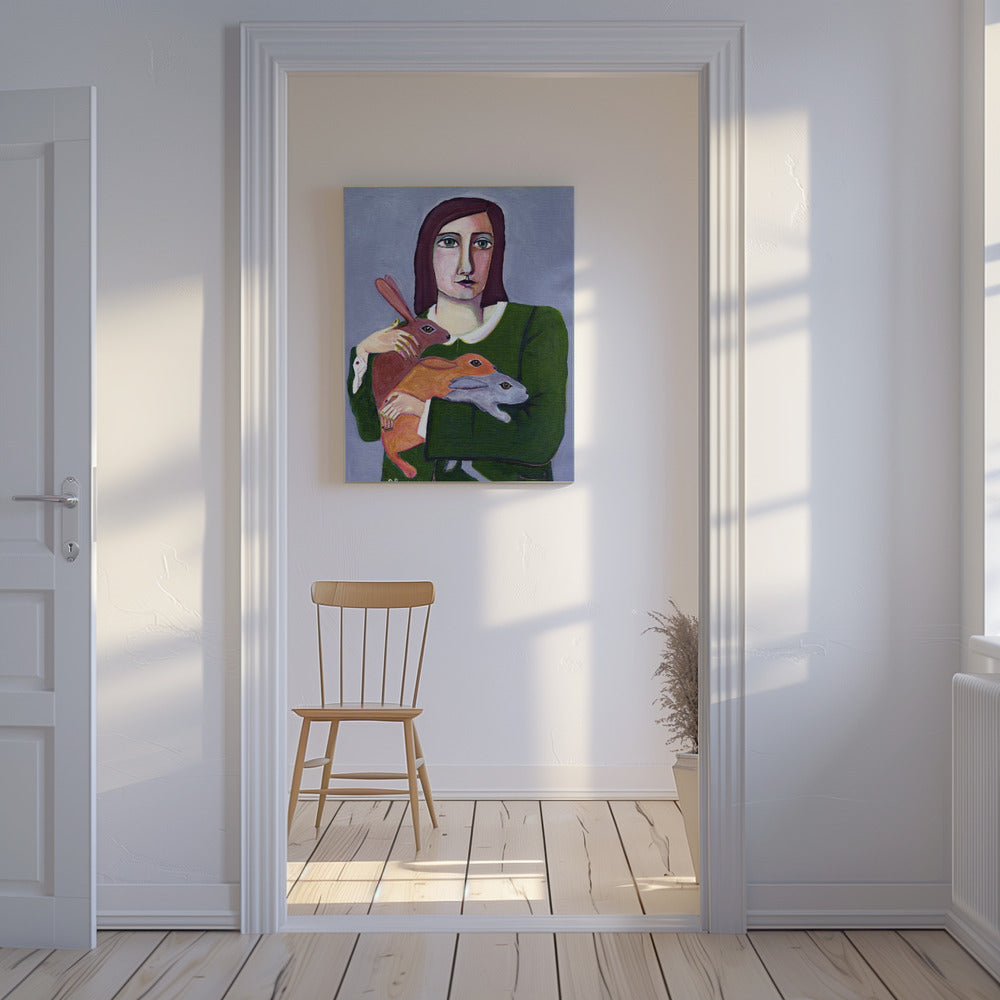 Lady with Three Rabbiets | Canvas