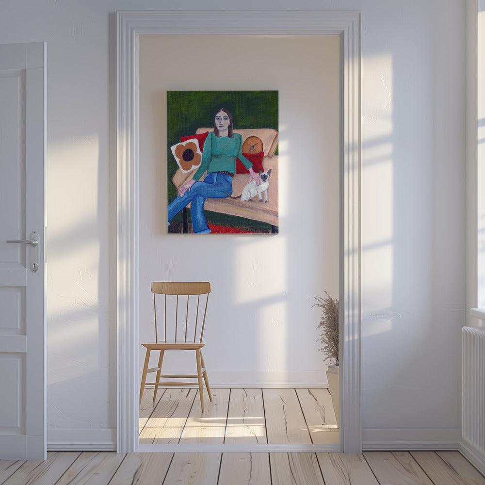 Lady sitting with Siamese Cat | Canvas