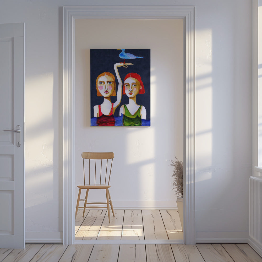 Swimming Girls with Blue Seagul. | Canvas