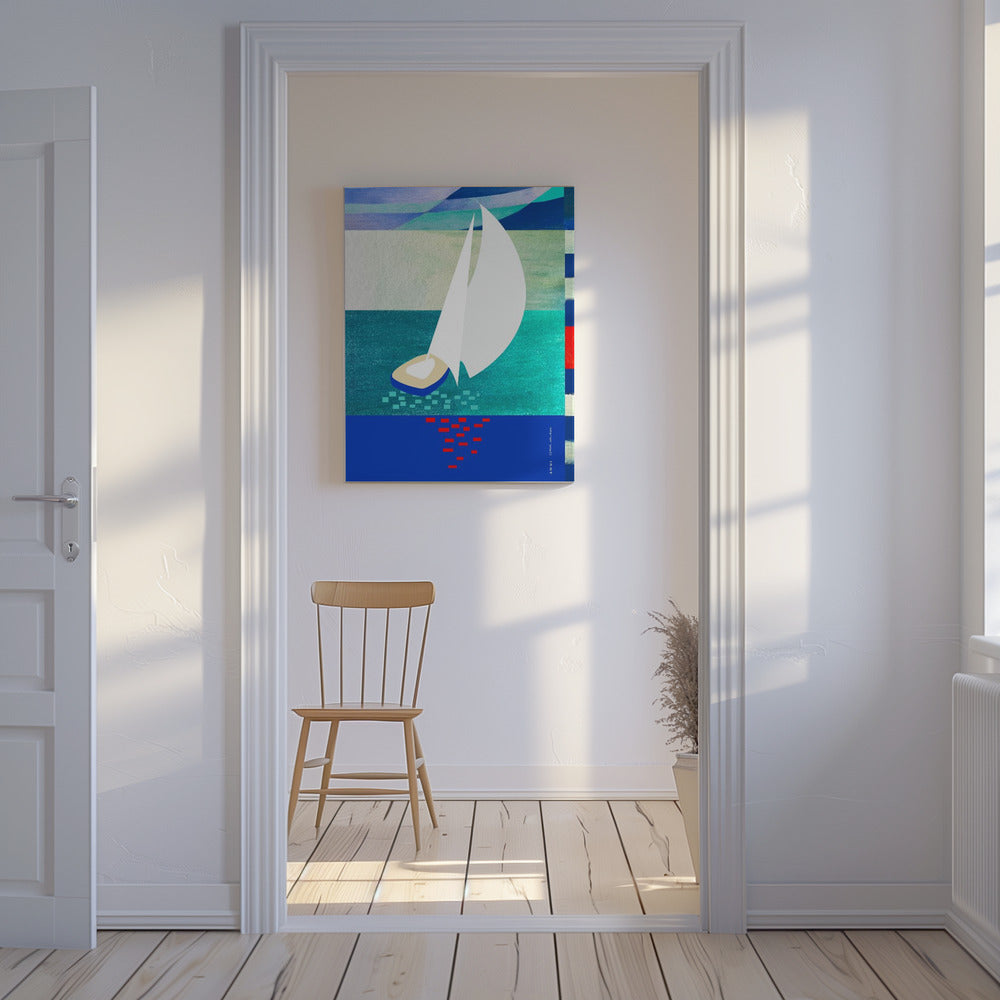 White Sailboat With Reflections, Abstract Sea Art With Graphic Stripes | Canvas