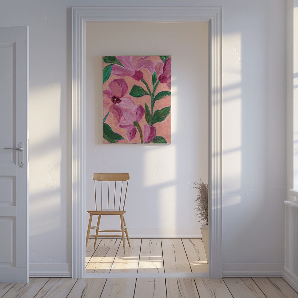 Pink Flowers With Bold Green Leaves | Canvas