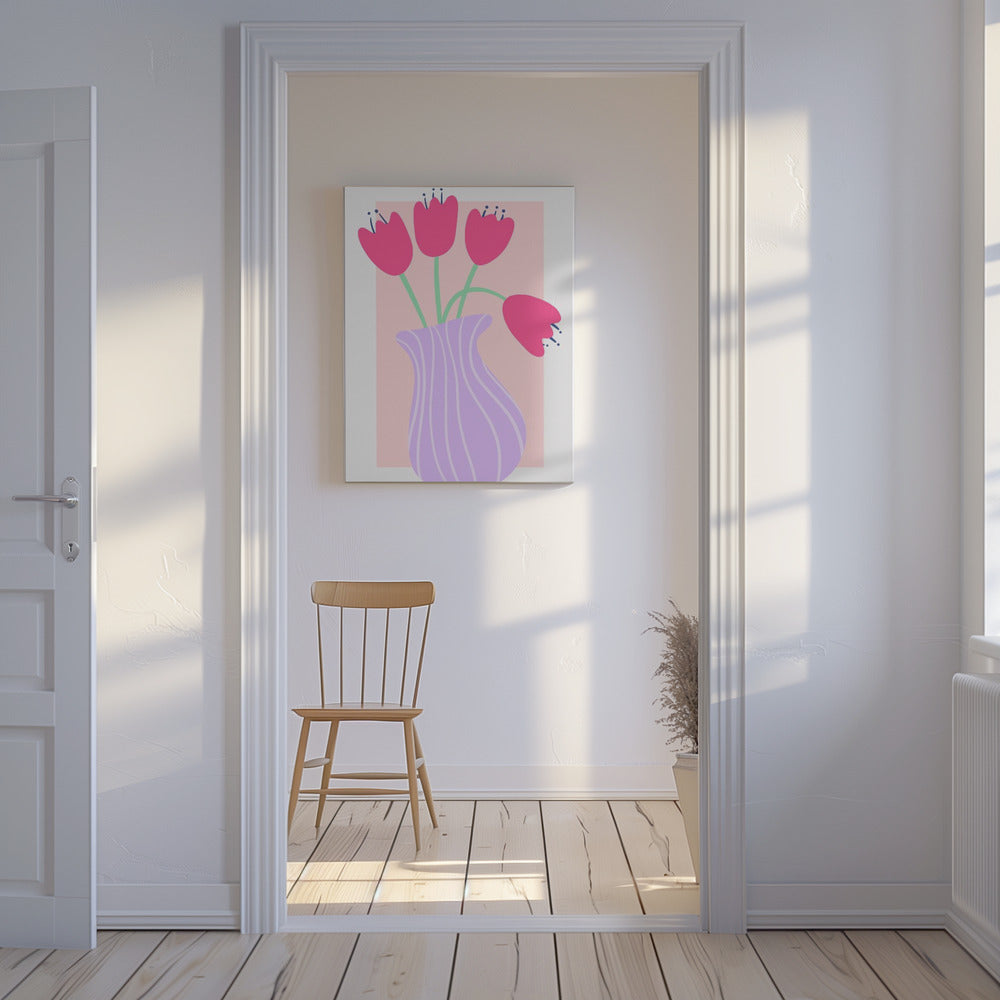Vibrant Tulips in a Striped Lavender Vase | Canvas