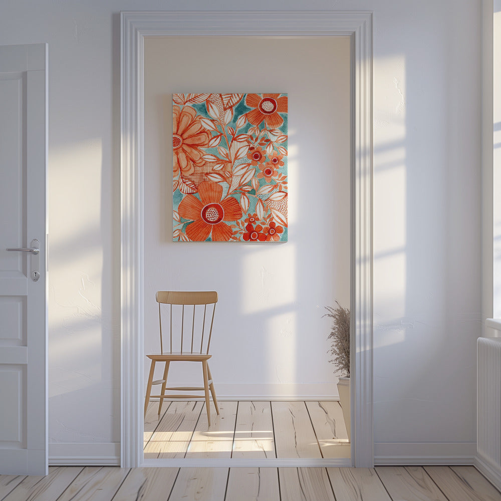 Red Daisies With Aqua | Canvas