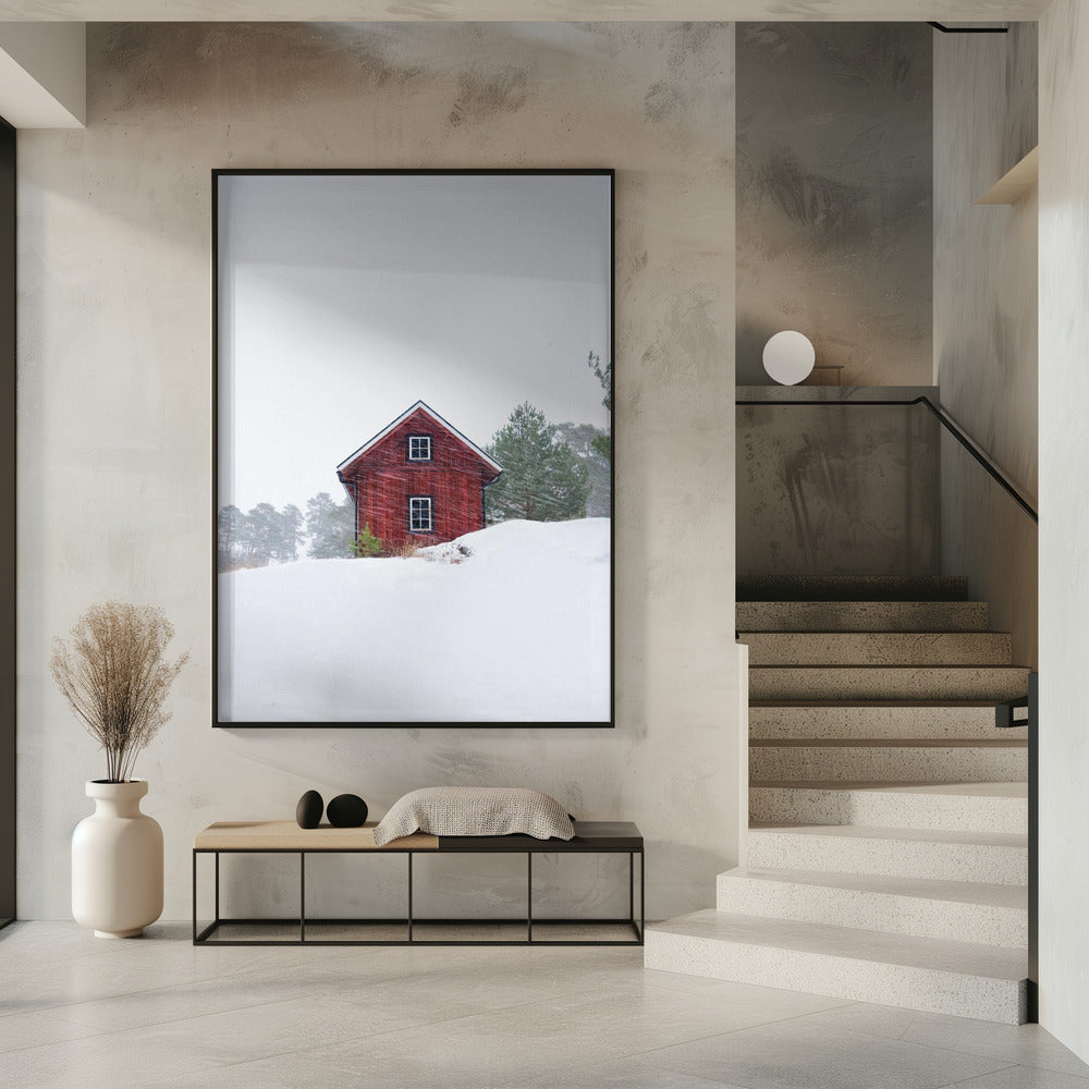 Old red house during snowstorm | Poster