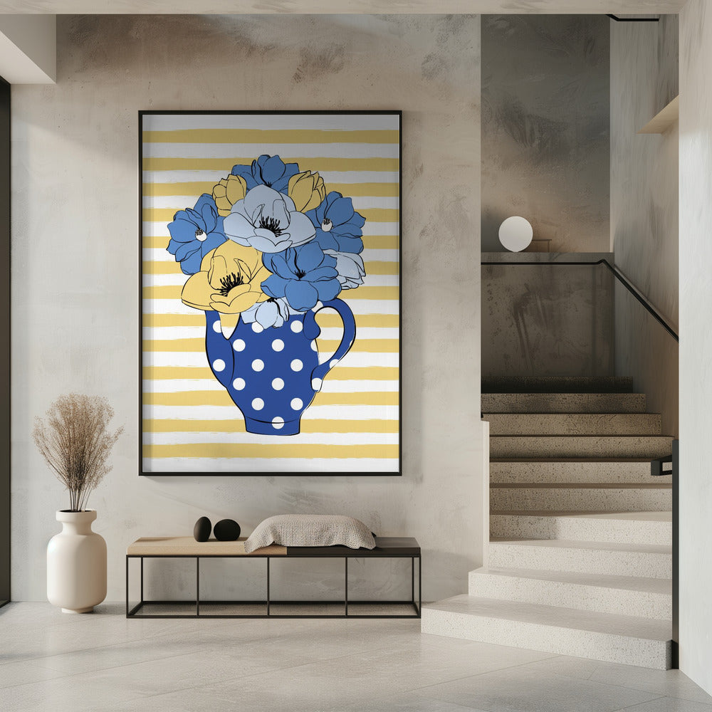 Blue and Yellow Flowers in a Polka Dot Vase | Poster