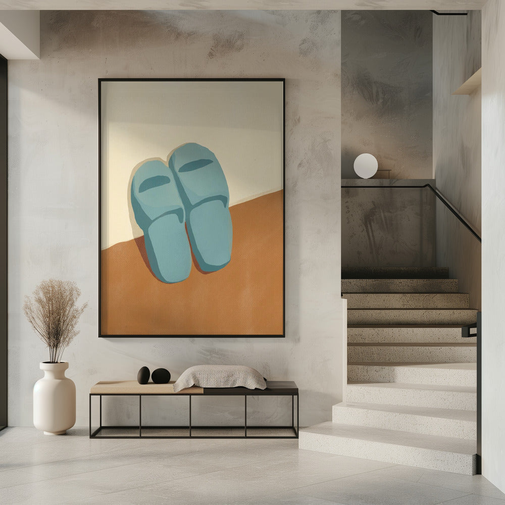 Blue Slippers On A Brown And Beige Background | Poster